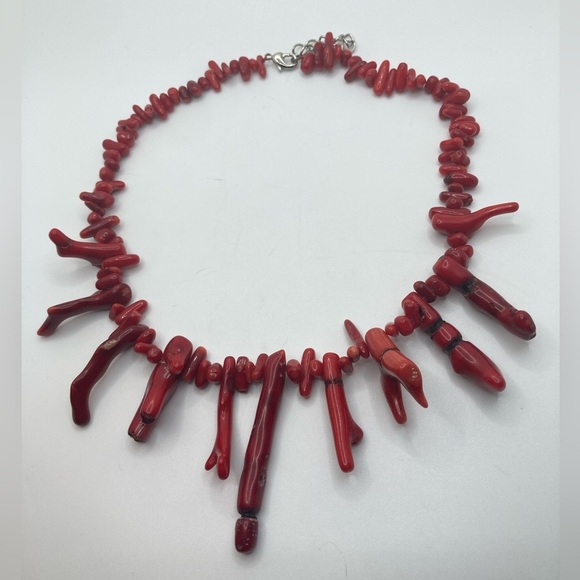 Vtg 80s Red Branch Coral Huge Chunky Necklace 20” Adjustable / Vintage - Picture 2 of 9